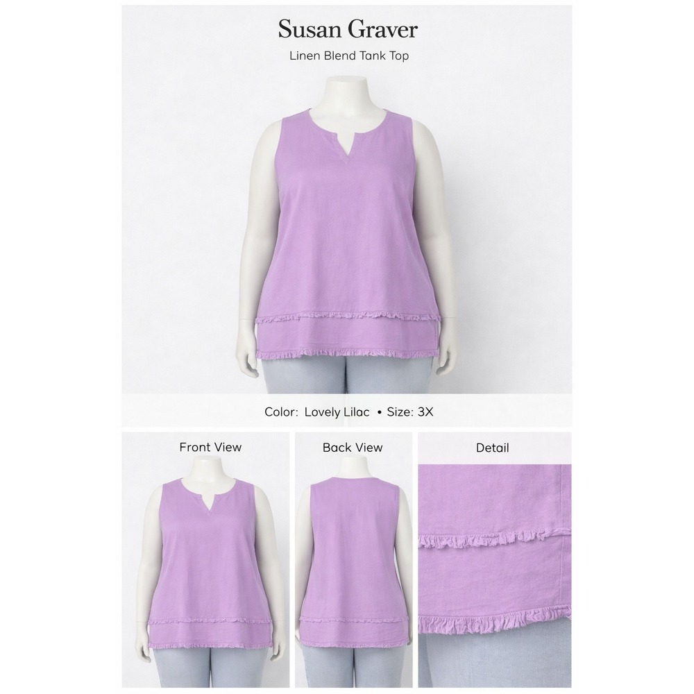 Susan Graver Womens Plus 3X Linen Blend Tank Top Lovely Lilac Frayed Tiered Hem